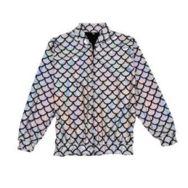 Metallic Silver Holographic Bomber Jacket With Mermaid Scale Print -  Festival Outfits