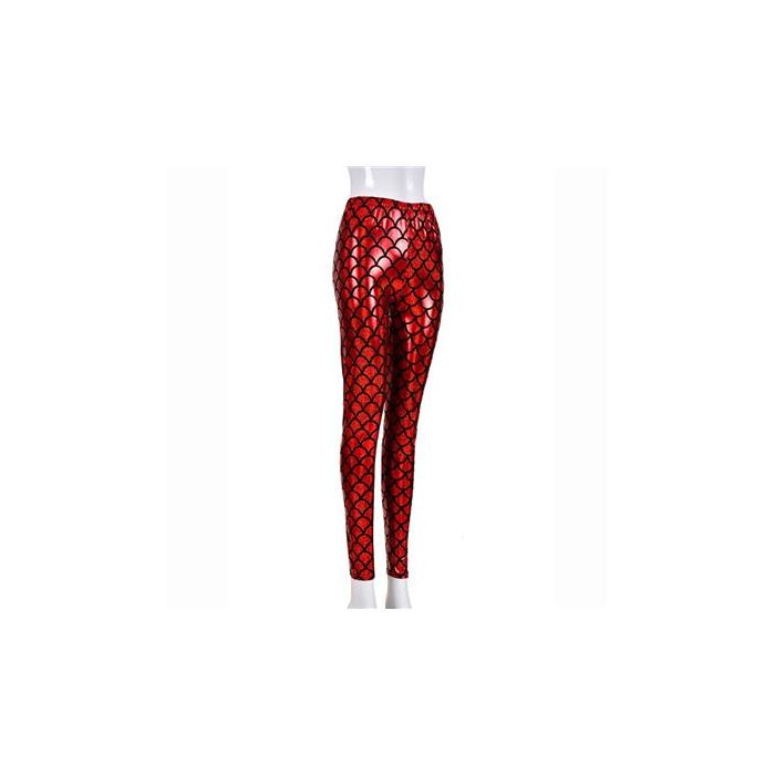 Festival Outfits - Shiny Holographic Red Leggings Mermaid Print