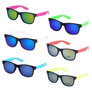 Festival Outfits - Wayfarer Sunglasses With Neon Arms and Mirrored Lenses.
